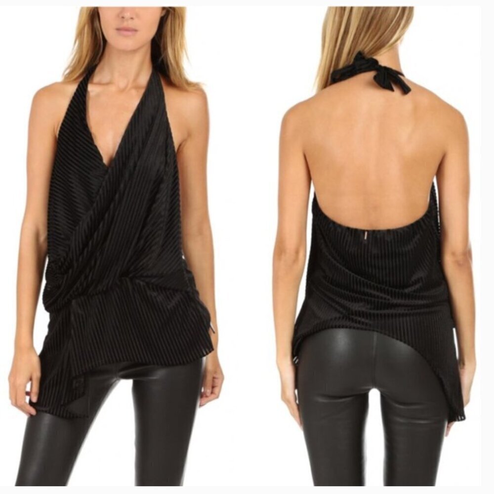 Misa LA Leticia Halter Top Blouse Velvet Stripes Open Tie Back Black Size Small